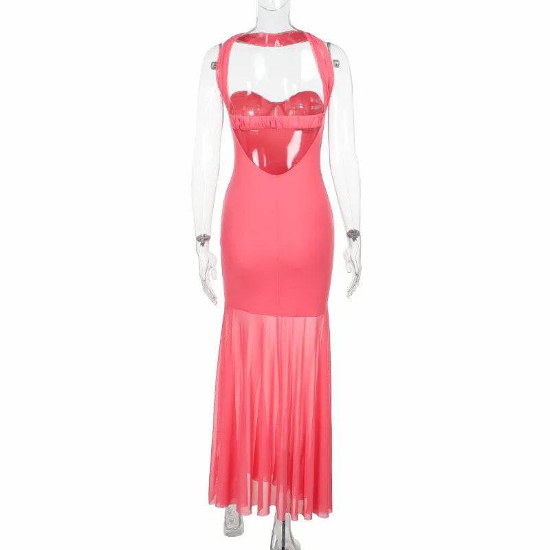 Pink Mesh Halter Strap Maxi Dress