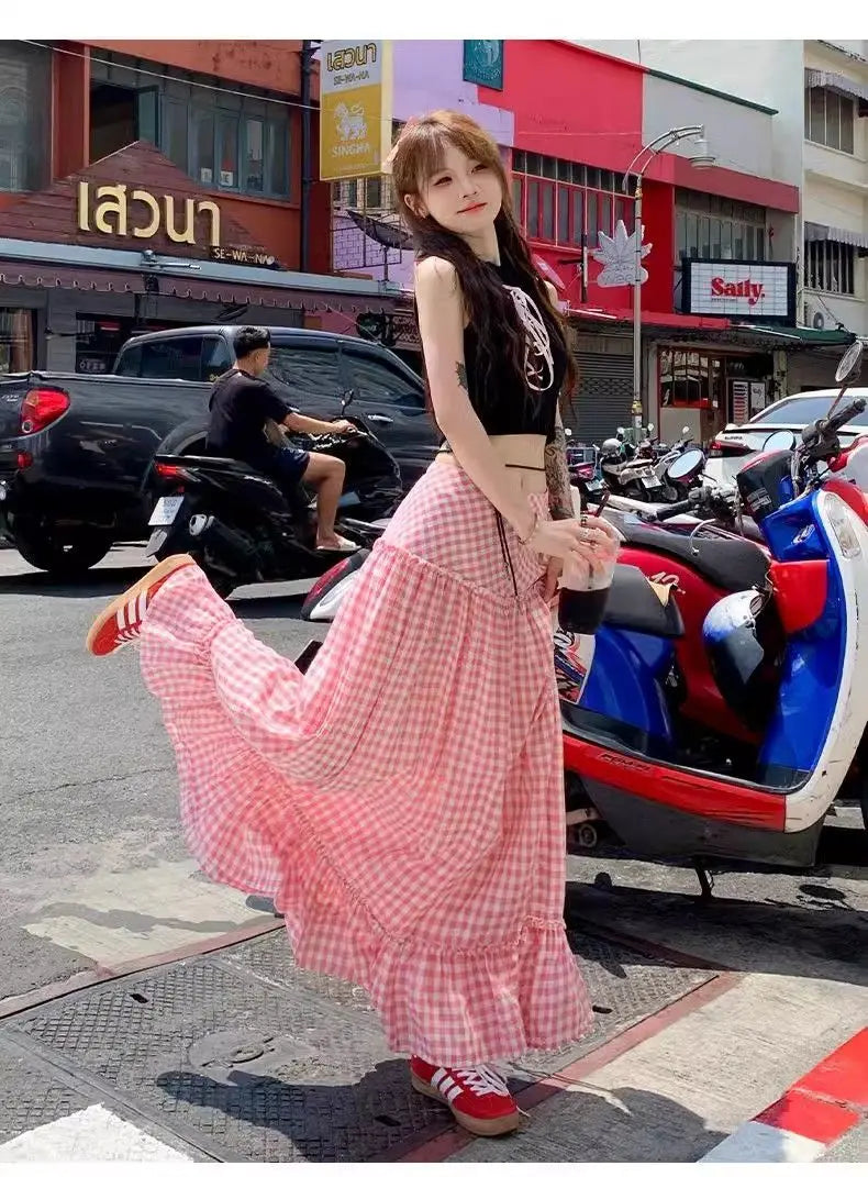 Pink Checkered Long Skirt - Casual A-Line
