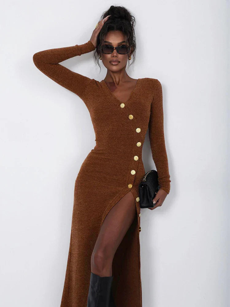 Side Slit Long Sleeve Buttons Knitwear Midi Dress