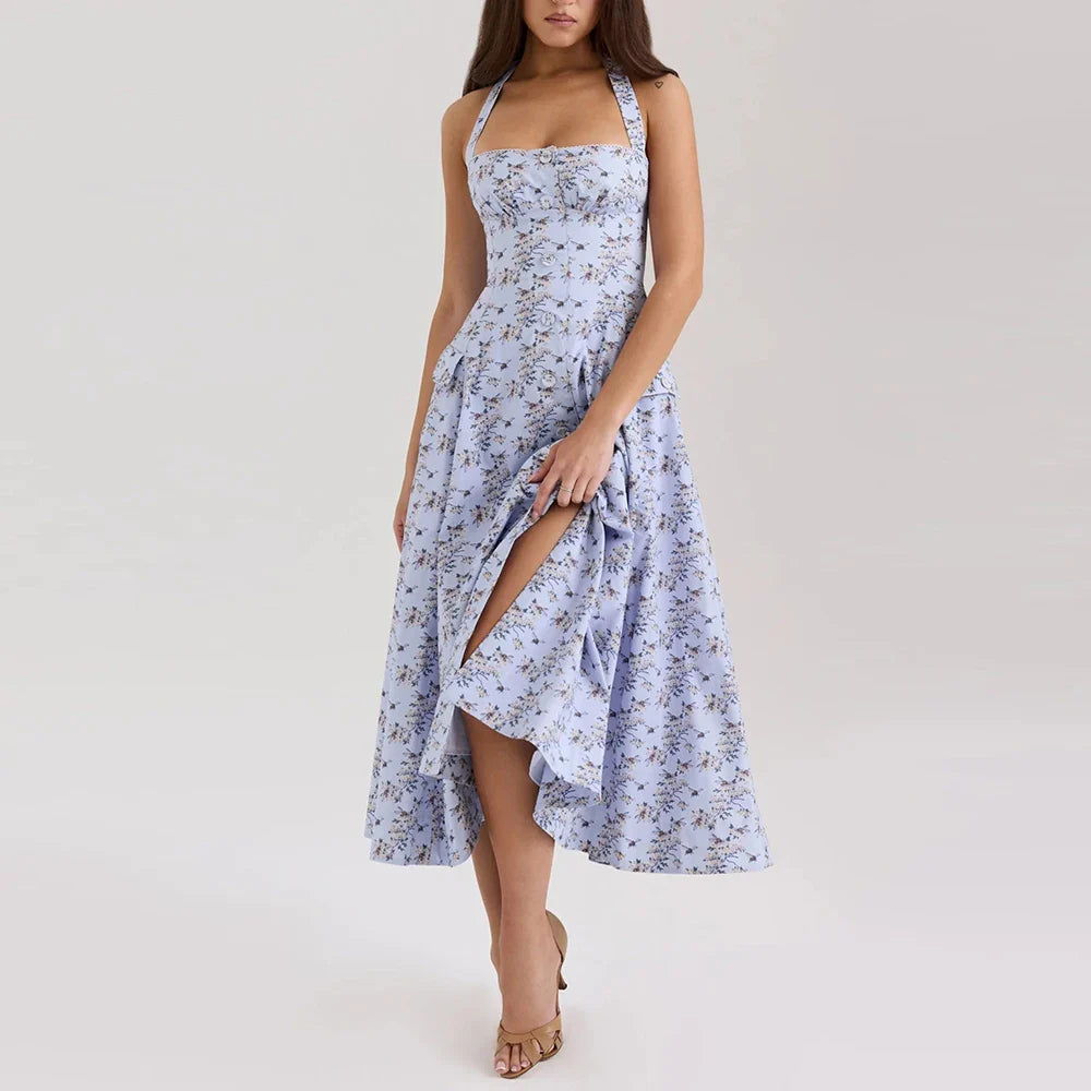 Printed Halter Flare Midi Dress