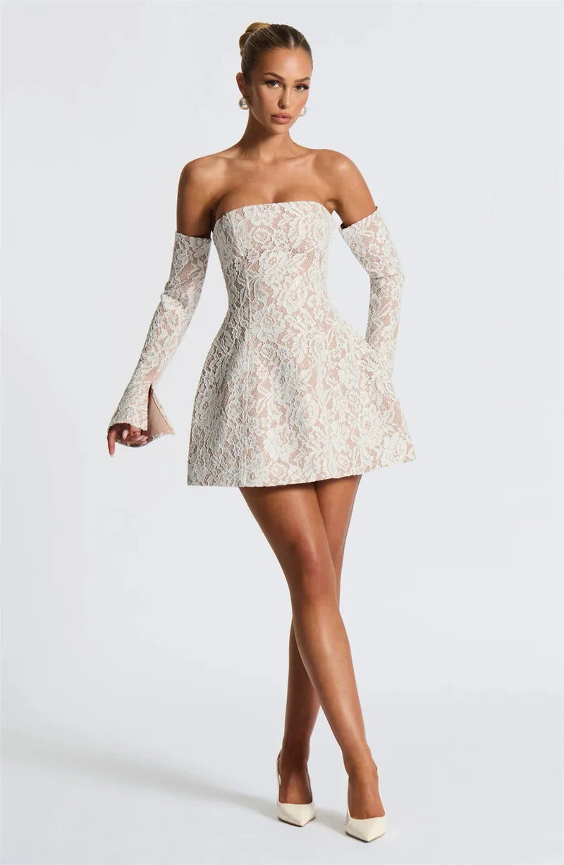White Lace Off Shoulder Mini Dress