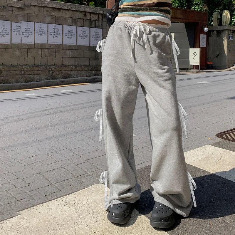 Grey Stripe Ribbon Drawstring Sweatpants