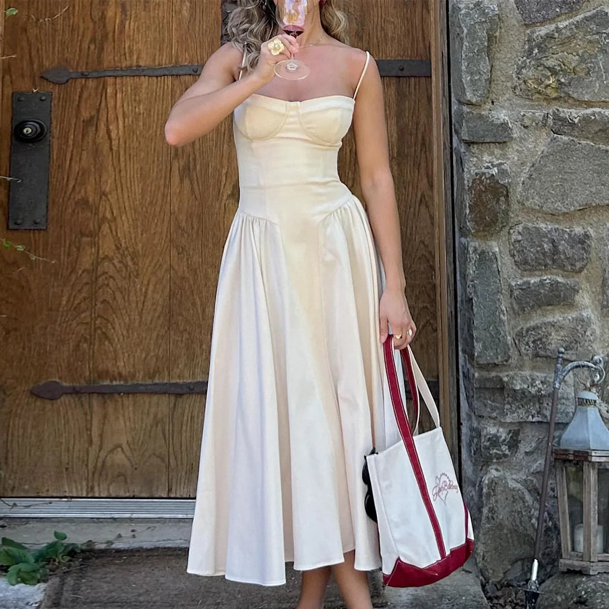 Solid Spaghetti Strap Bustier Pleated Midi Dress