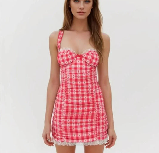 Red Plaid Plaid Dot Lace Mini Dress