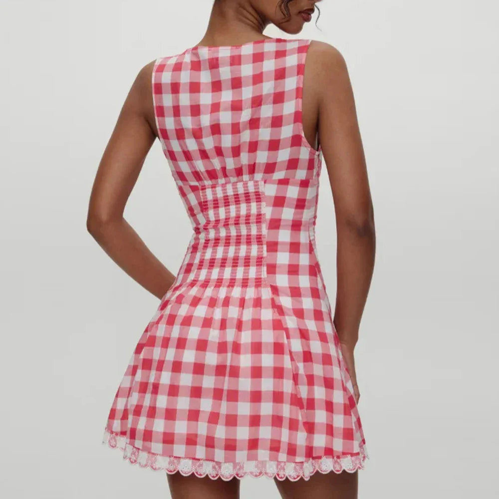 Red Checked V-neck Tank Mini Dress