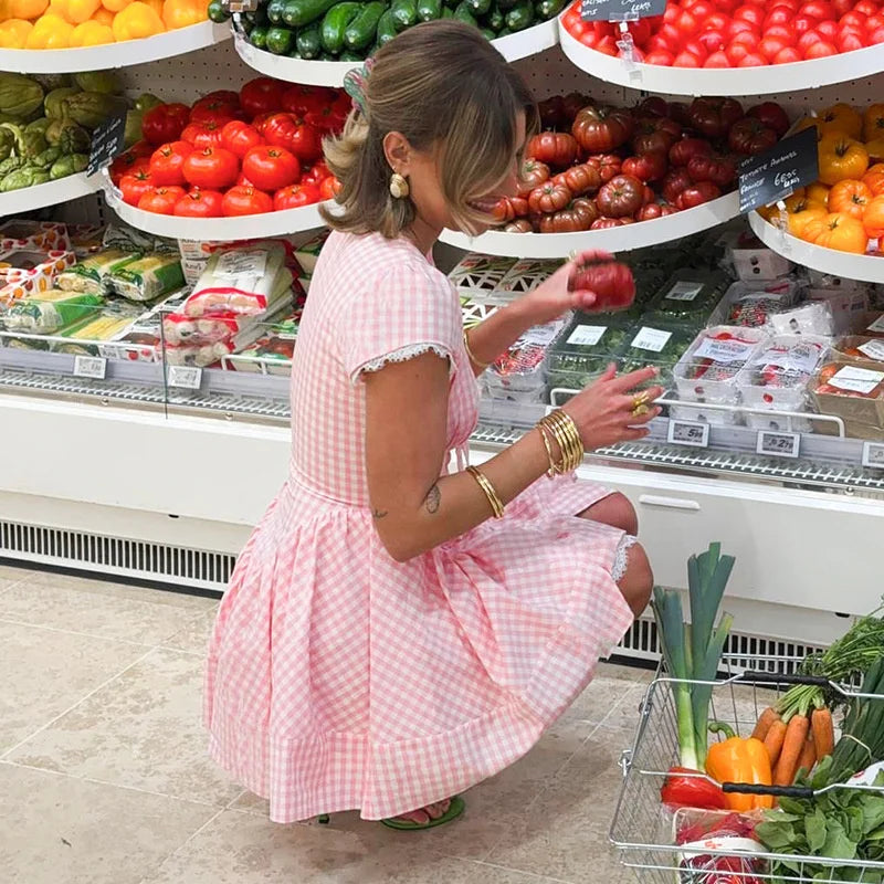Plaid Print Puff Sleeve V-Neck Bow Flare Mini Dress