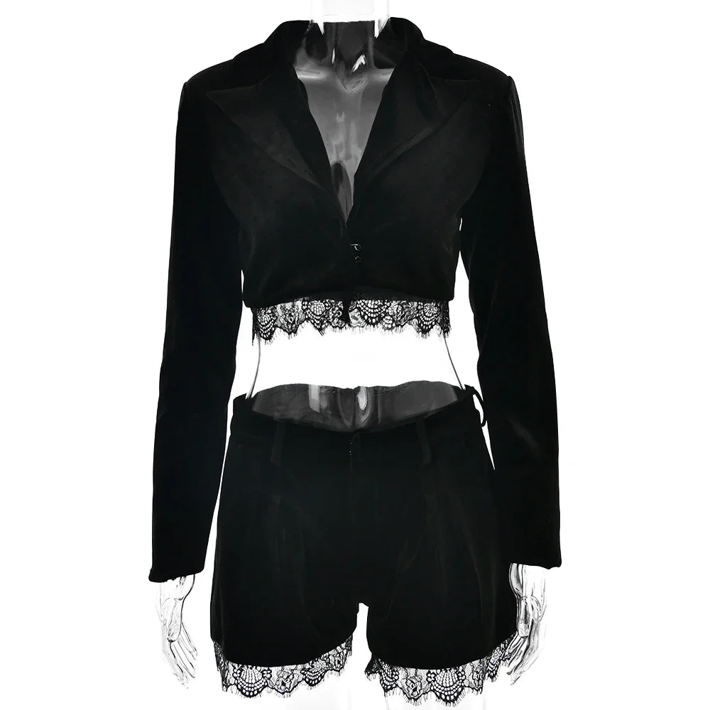 Black Velvet Lace Trim Crop Blazer And Shorts Set