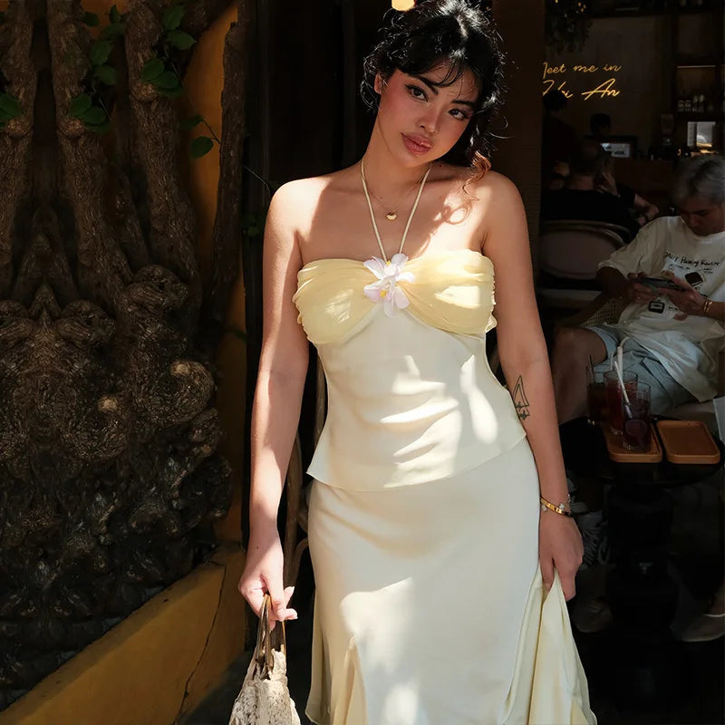 Beige Floral Frill Halter Midi Dress