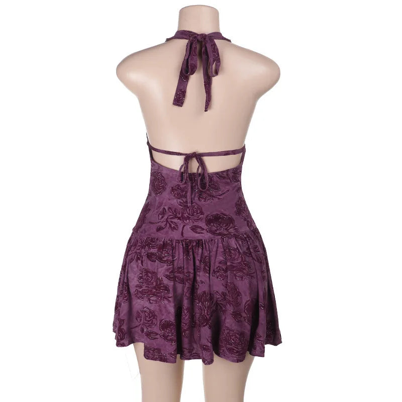 Purple Printed Deep Neck Halter Mini Dress
