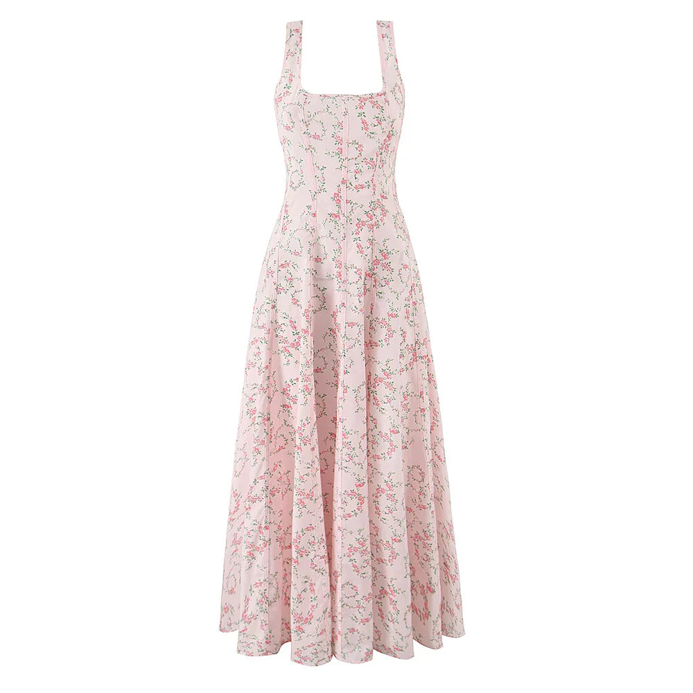 Pink Floral Print Lace Up Square Neck Midi Dress