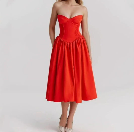 Red Bustier Pleated Flare Midi Dress