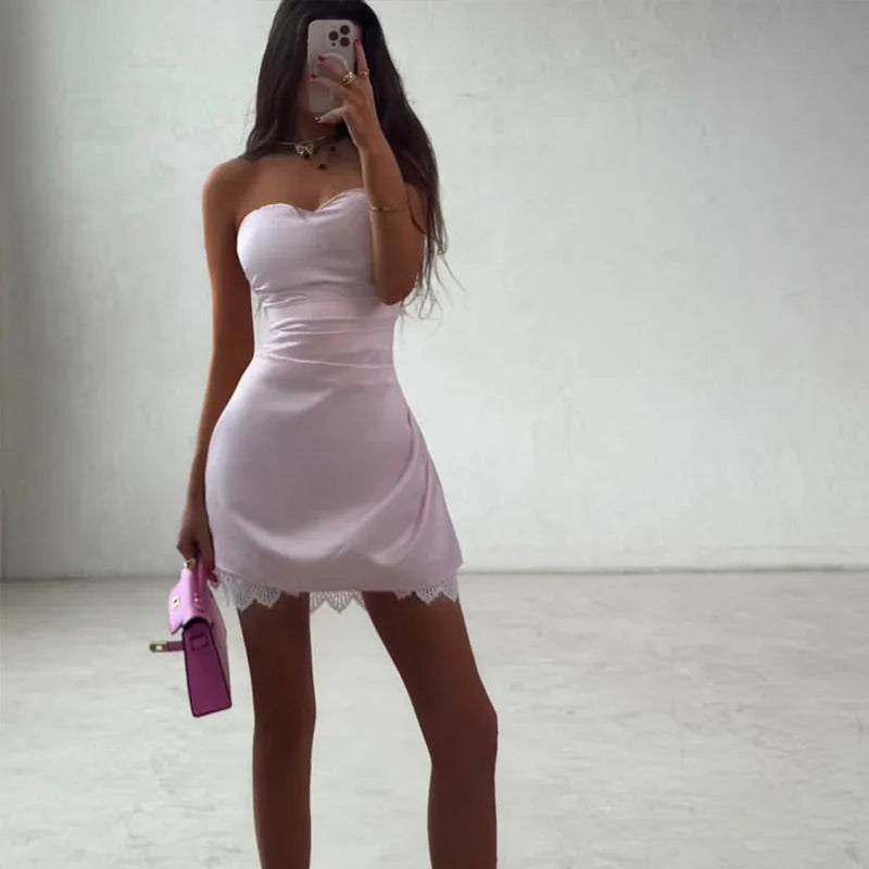 Strapless Satin Mini Dress - Casual Slim Fit