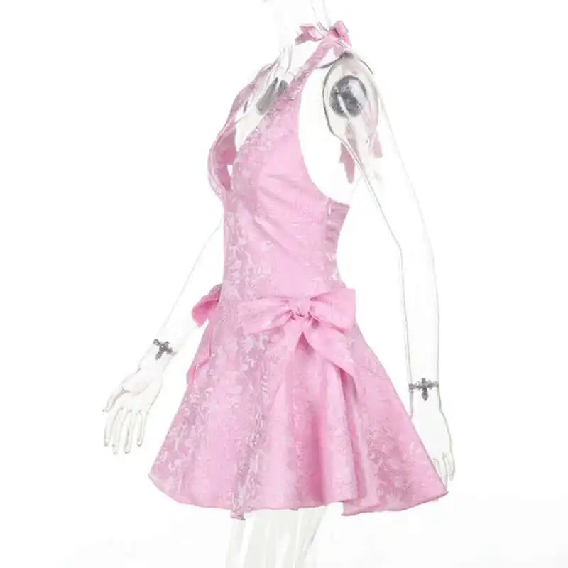 Pink Bow Jacquard A-line Halter Mini Dress