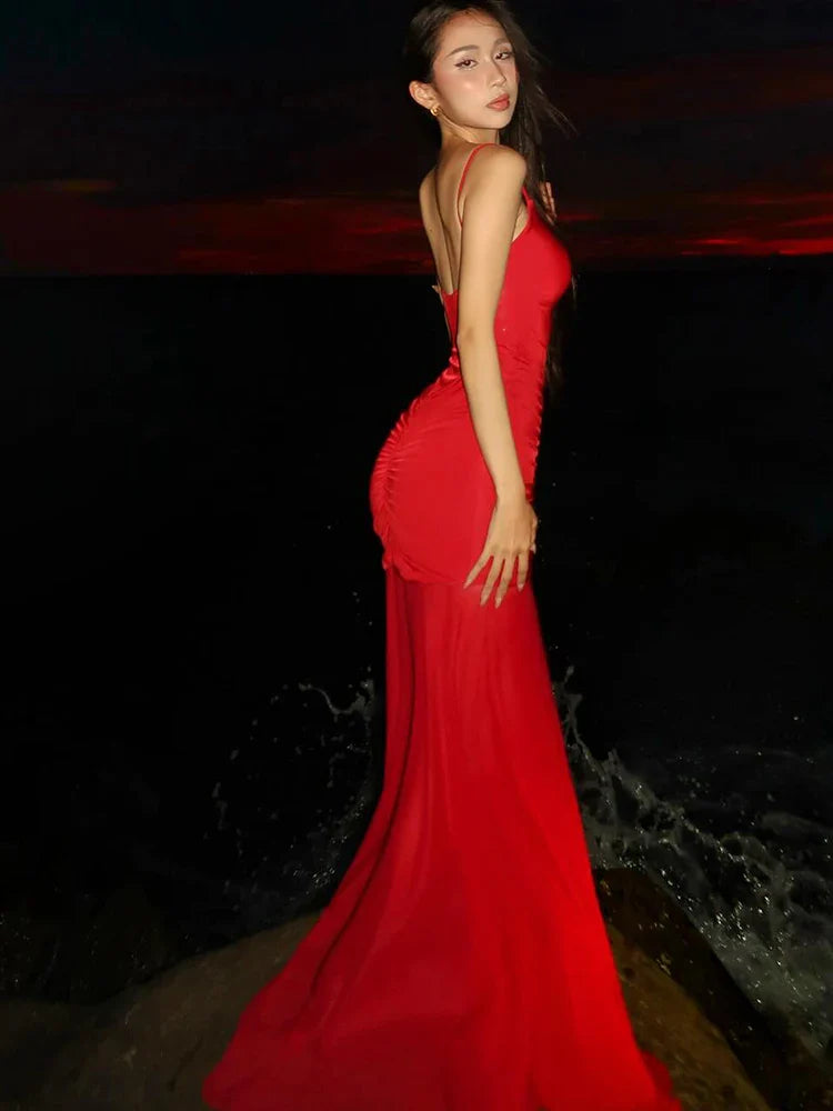 Mesh Ruched Cami Maxi Dress