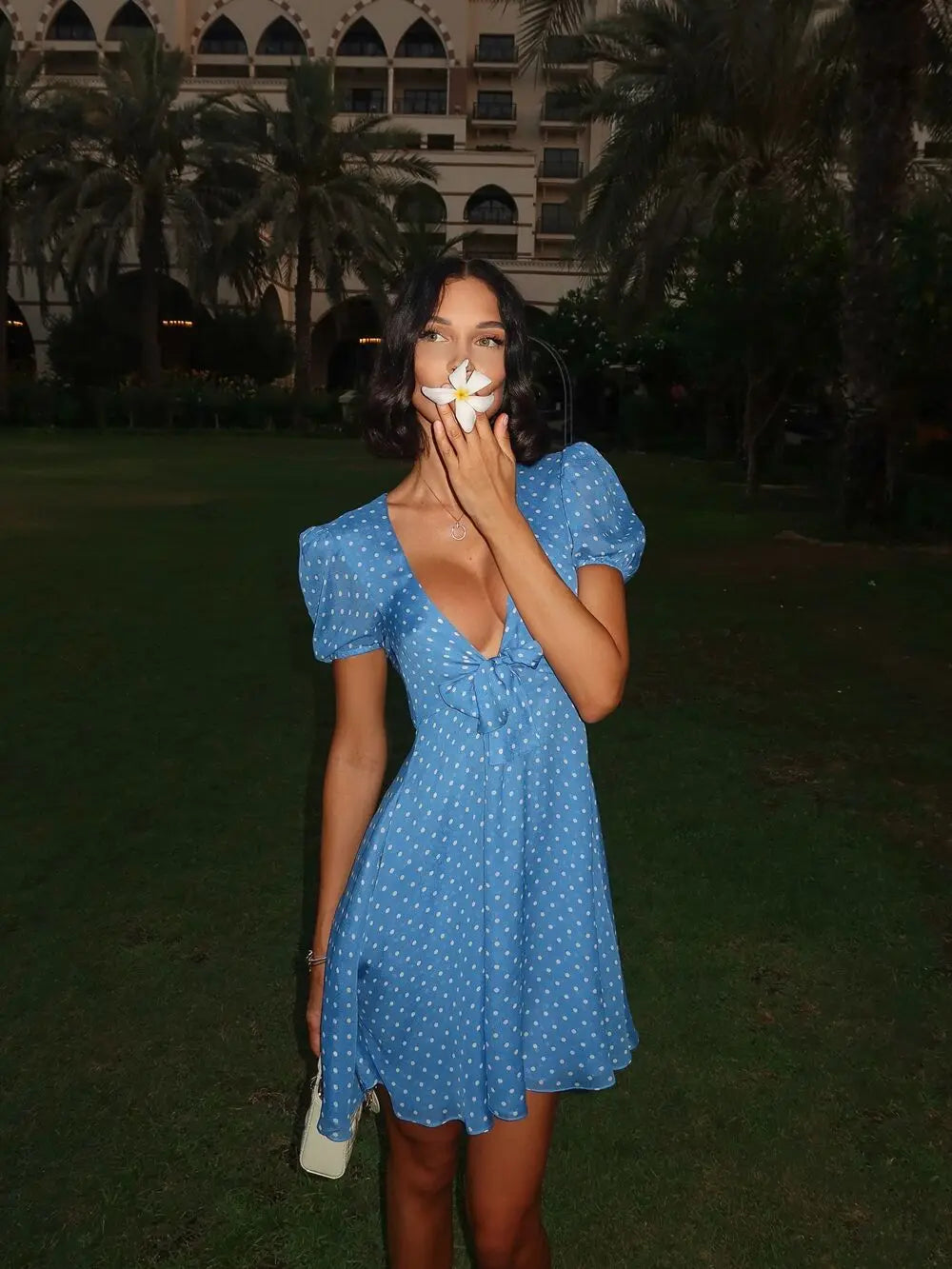 Short Sleeve Tie Up Polka Dot A-Line Mini Dress