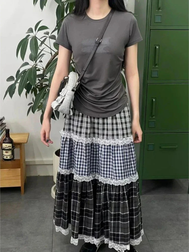 Patchwork Lace Plaid High Waist Skirt - Casual A-Line