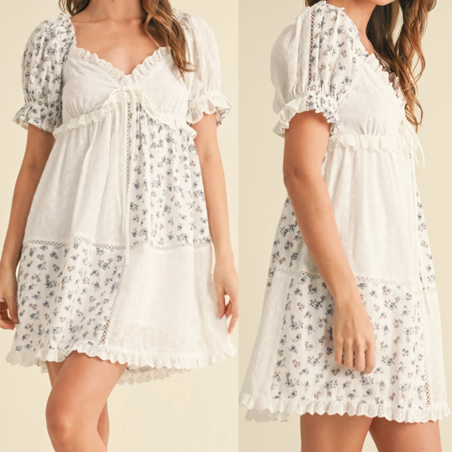 Floral Print Bow Tie Front Puff Sleeve Babydoll Mini Dress