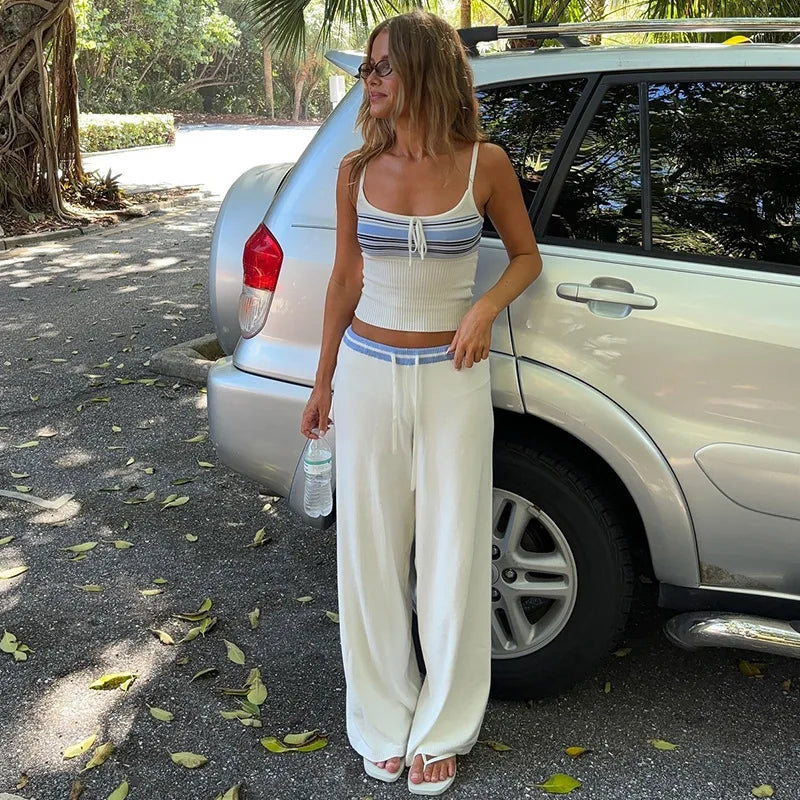 White Contrast Stripes Knitted Cami Top And Pants Set