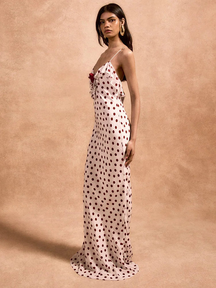 Rose Polka Dot Ruffle Strappy Maxi Dress