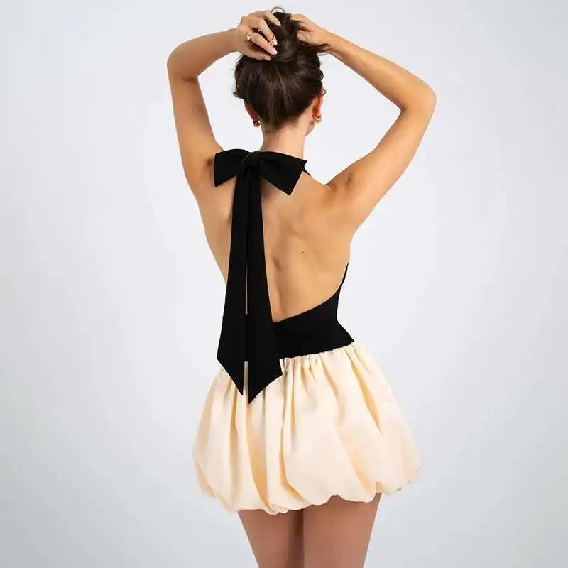 Sleeveless Puff Patchwork Mini Dress