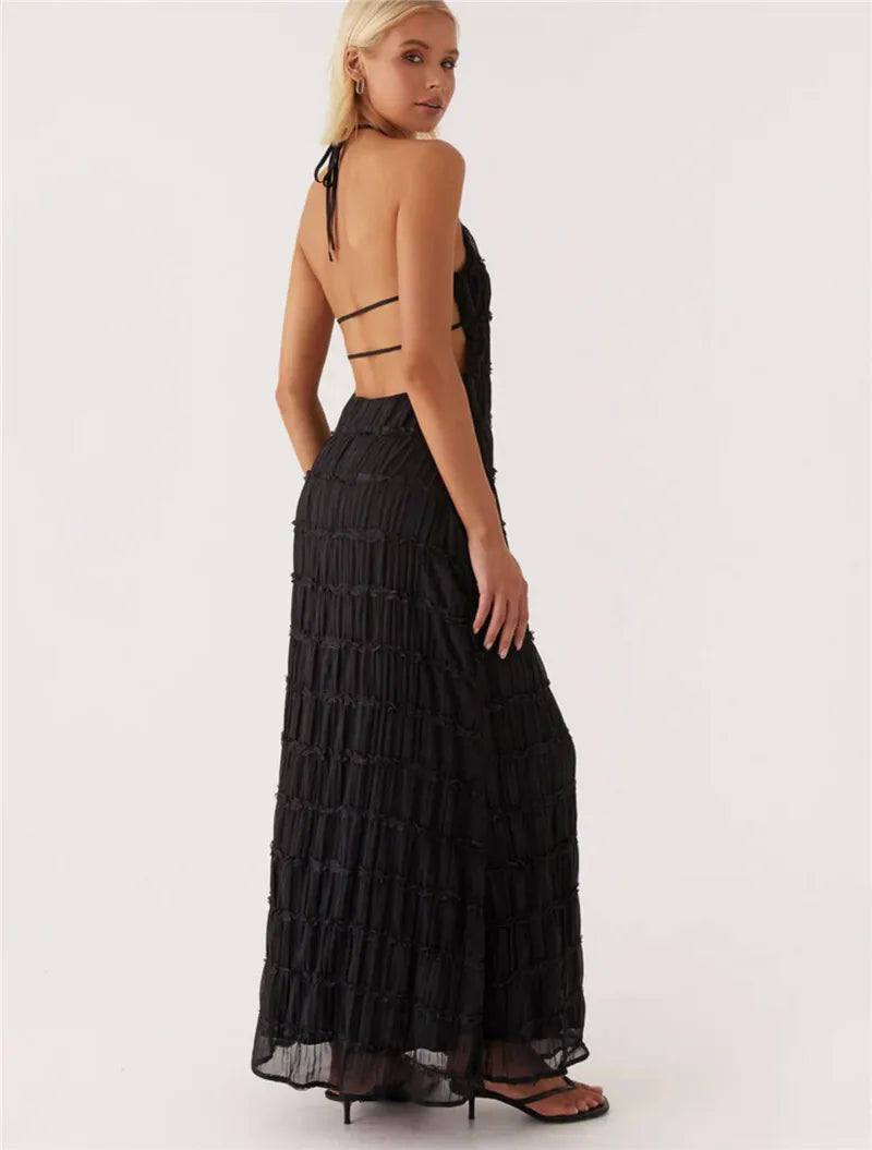 Halter Textured Open Back Maxi Dress
