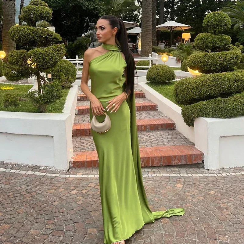 Satin Long Draped Halter Maxi Dress