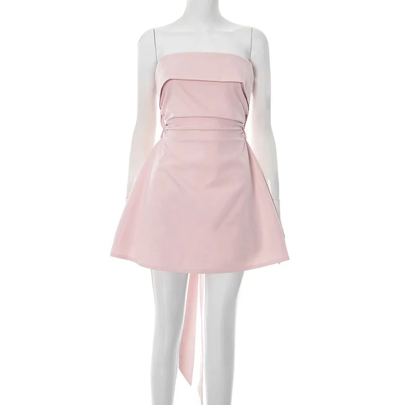 Strapless Ruched Back Tie Up Mini Dress