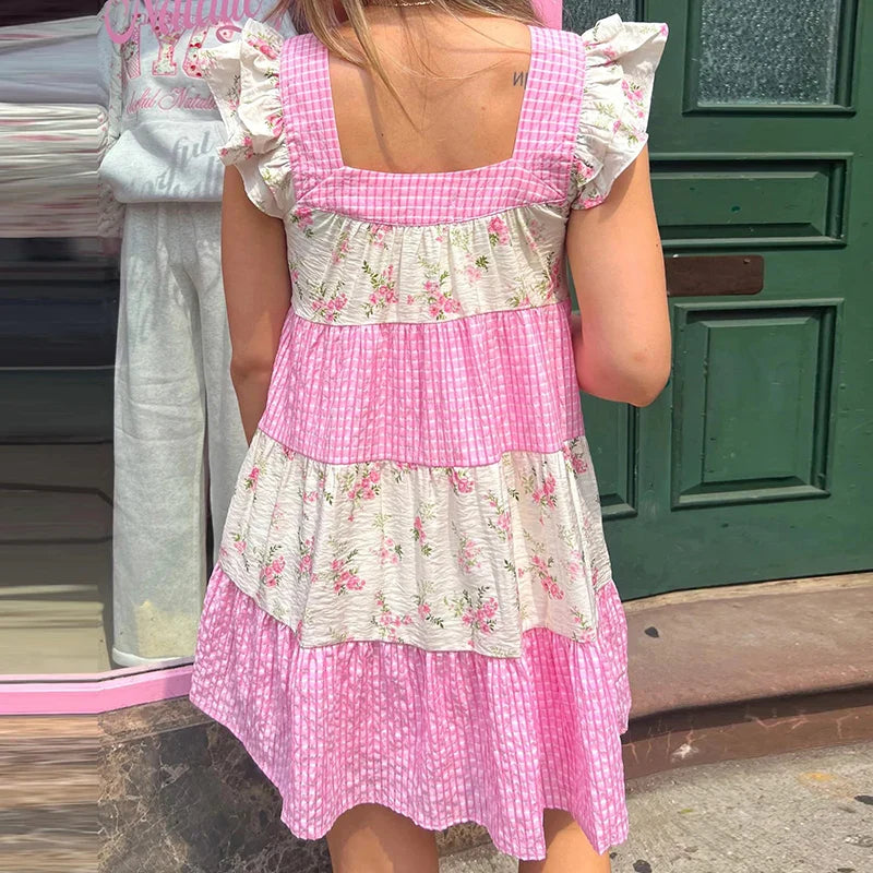 Pink Floral Plaid Patchwork  Ruffles Strap Babydoll Mini Dress