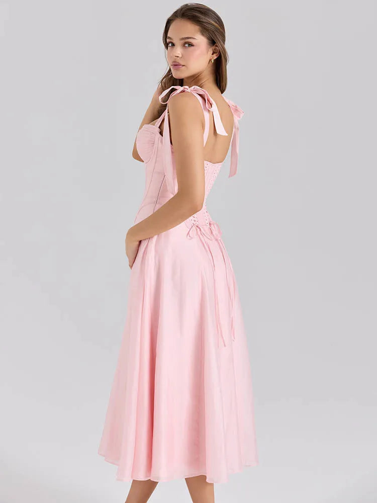 Pink Tie Strap Back Lace Up Midi Dress