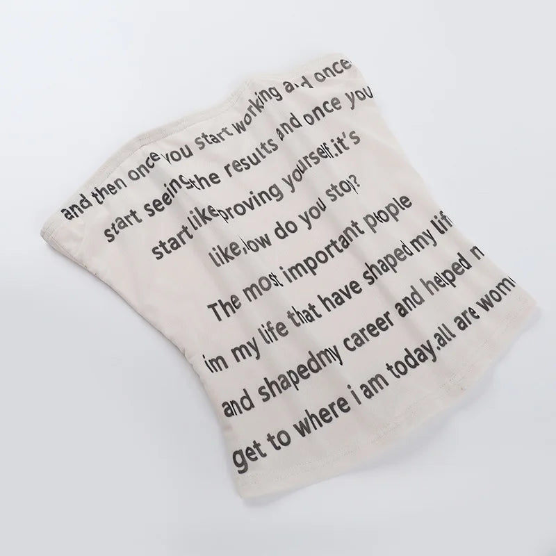 Letter Printed Mesh Strapless Crop Top - High Stretch Tank