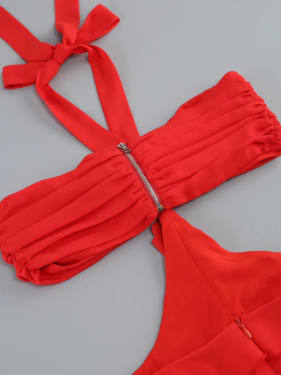 Red Flower Ruffles Halter Maxi Dress