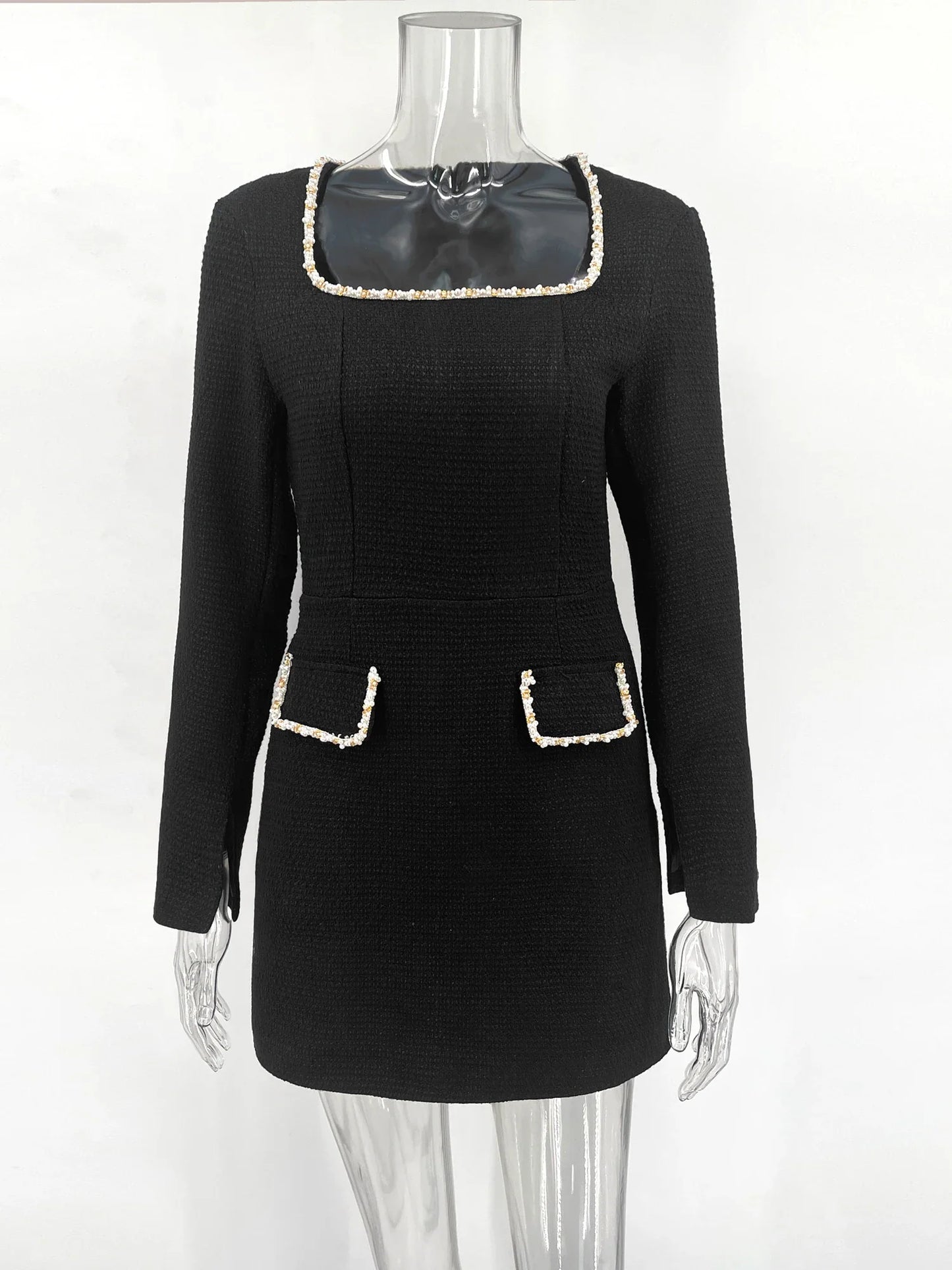 Tweed Solid Beaded Seam Mini Dress