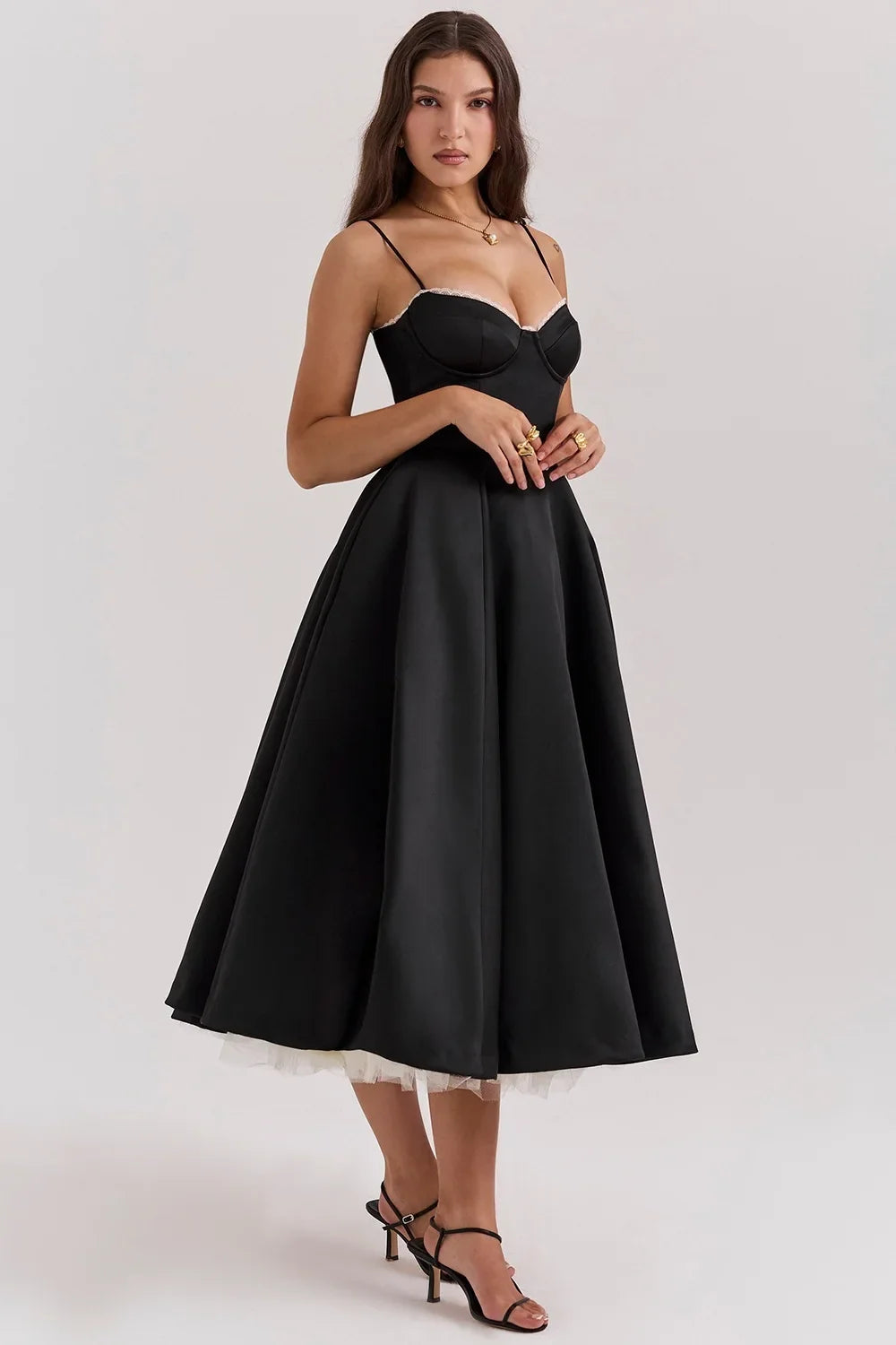 Satin Bustier Strap Tulle Midi Dress
