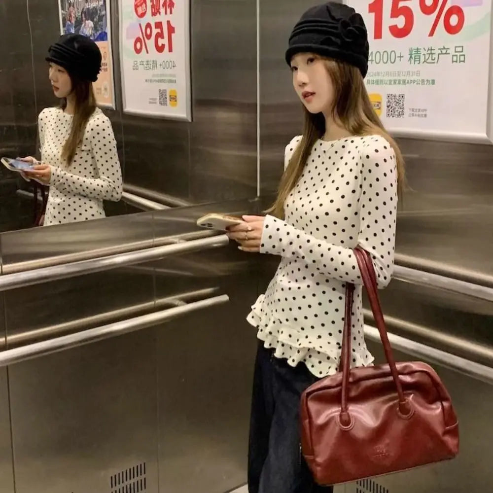 Polka Dot Ruffle Trim Long Sleeve T-Shirt