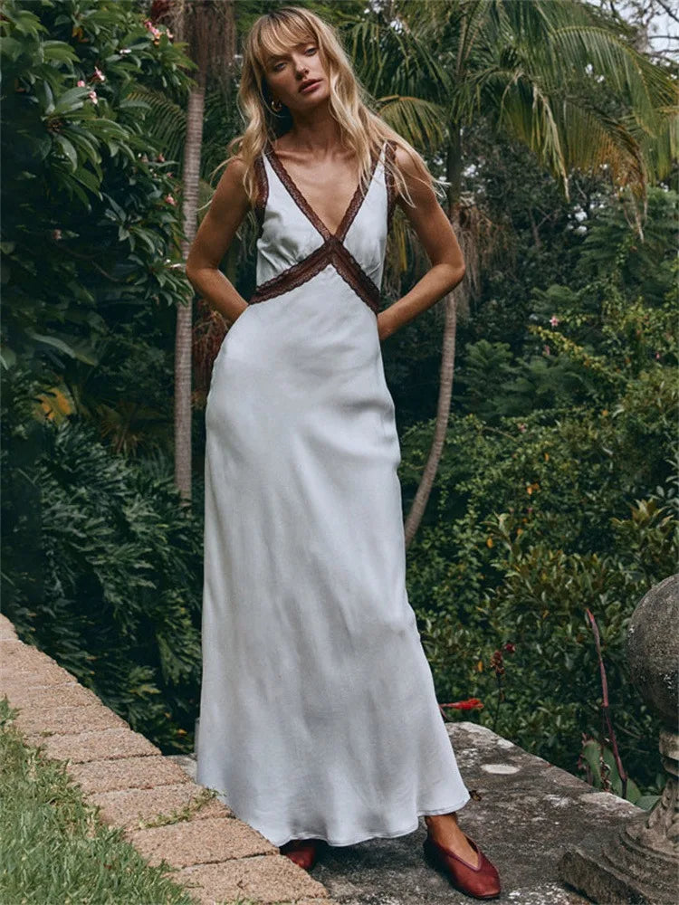 Lace Patchwork V-Neck Maxi Dress