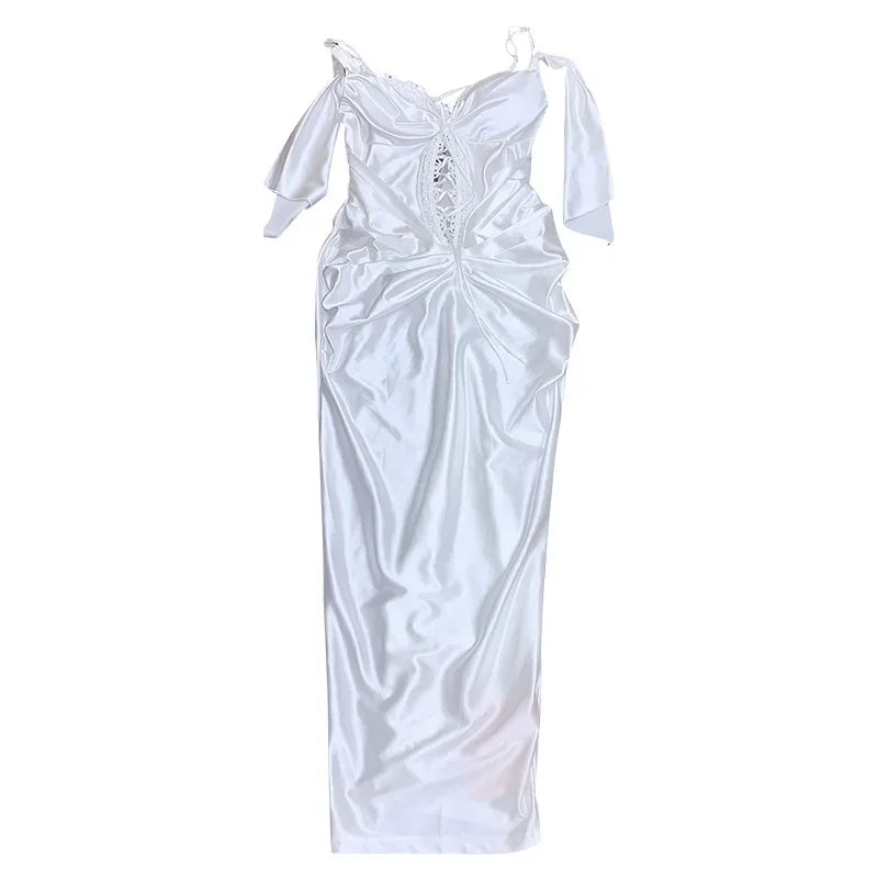 White Lace Up Satin Tie Up Maxi Dress