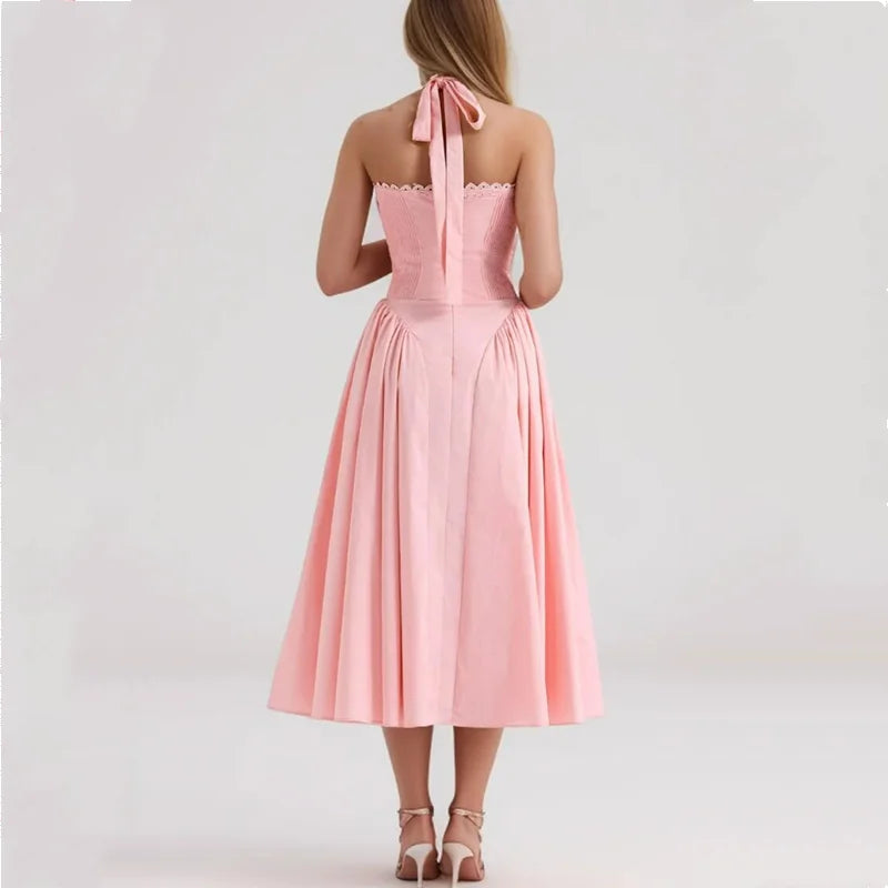 Pink Halter Drawstring Midi Dress