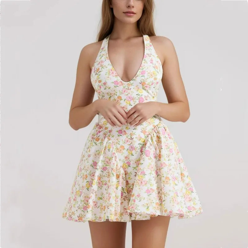 Floral Print Deep Halter Neck Mini Dress