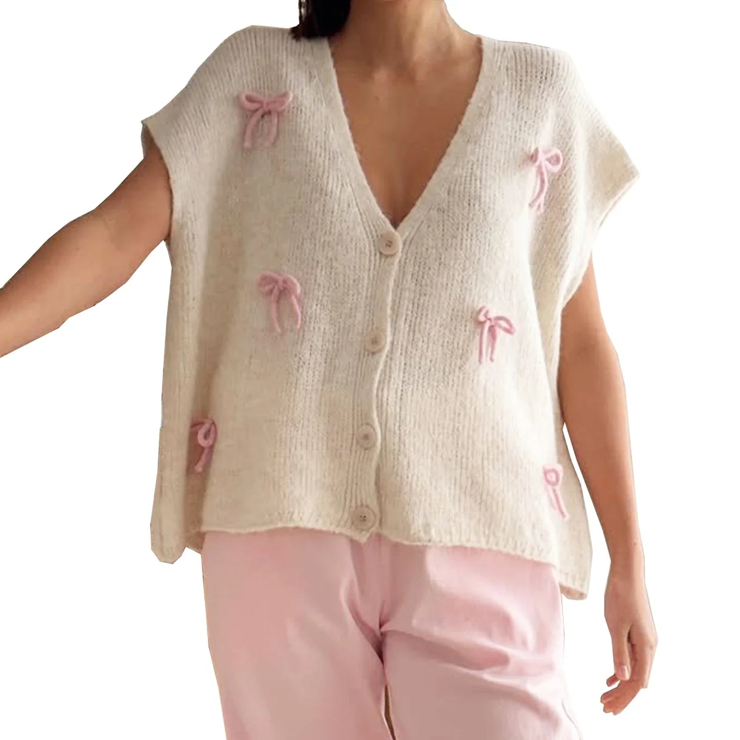 Bow V-Neck Short Sleeve Cardigan