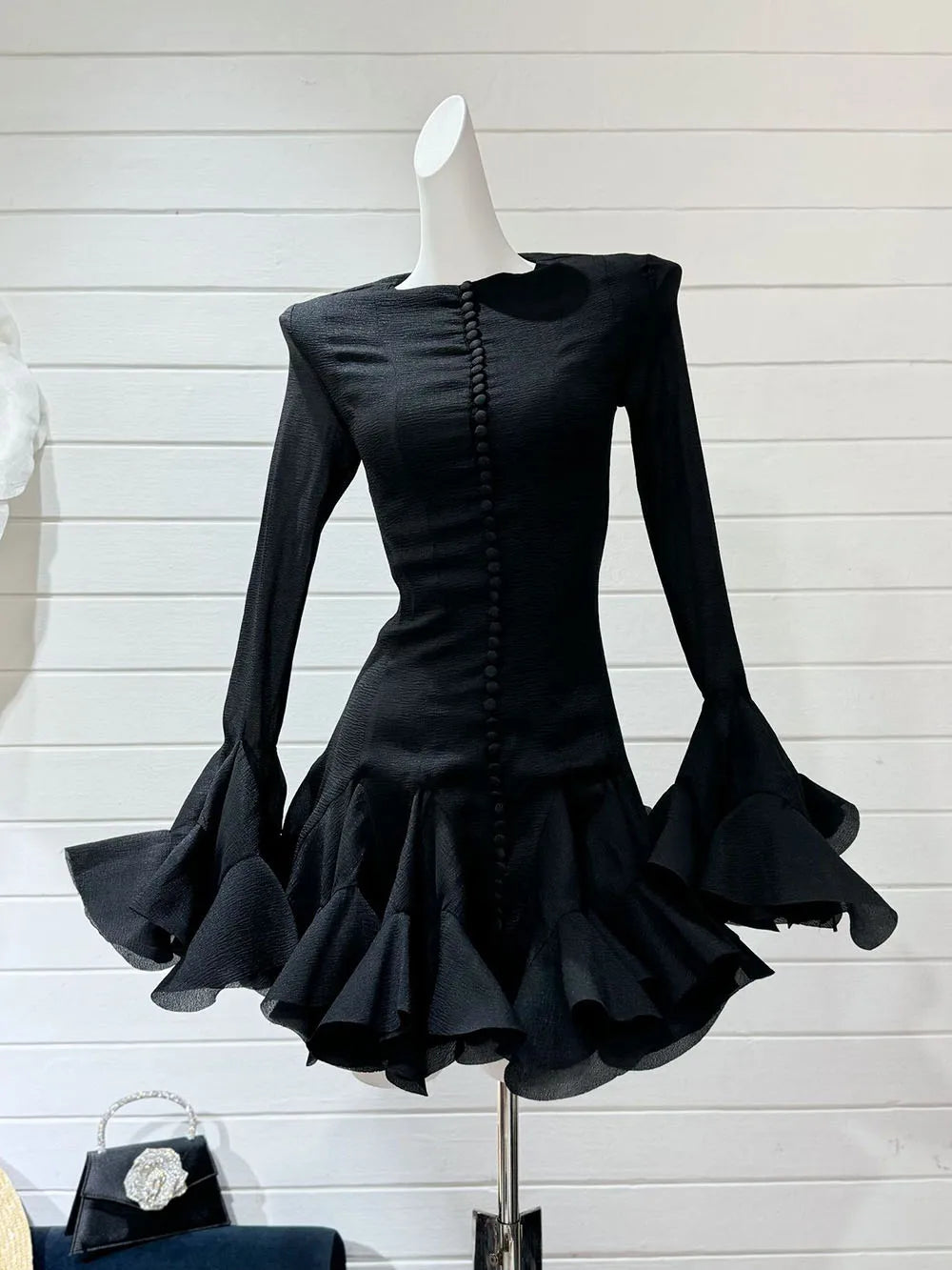 Frill Buttoned Long Sleeve Midi Dress