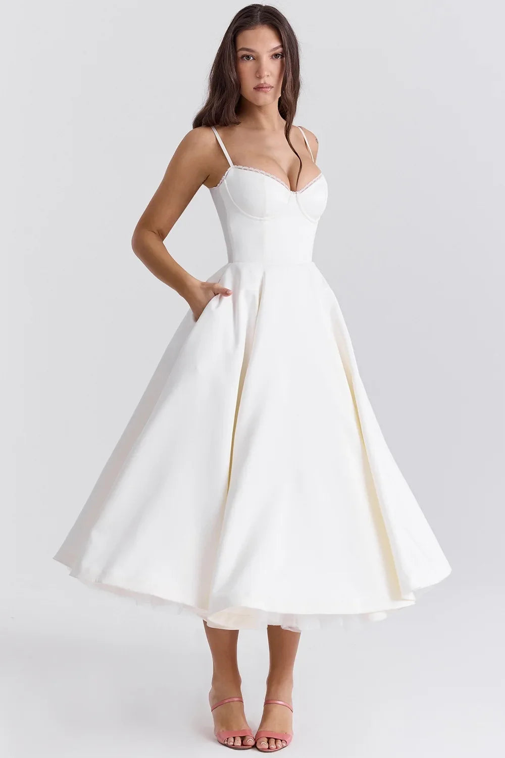Satin Bustier Strap Tulle Midi Dress