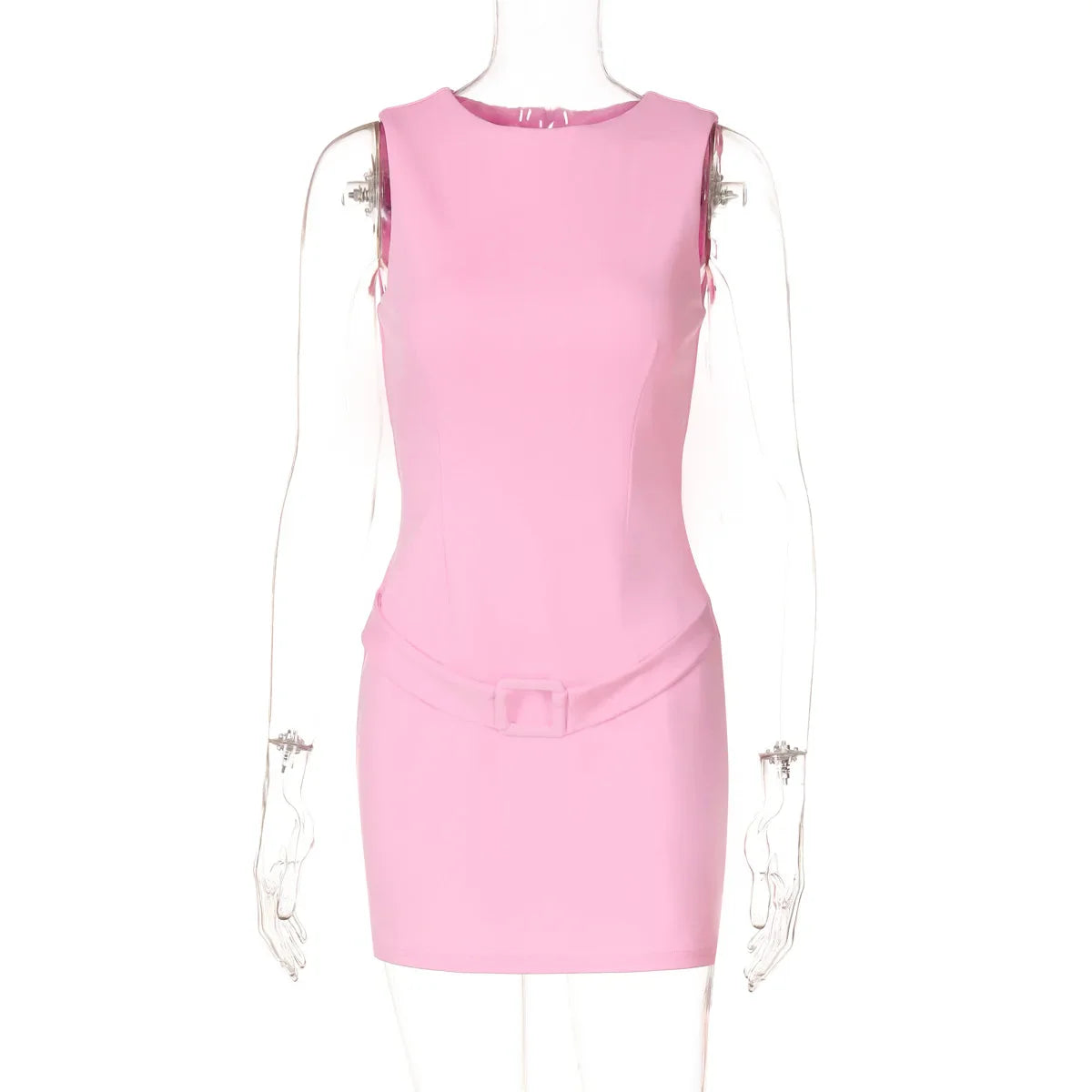 Solid Sleeveless Buckle Mini Dress