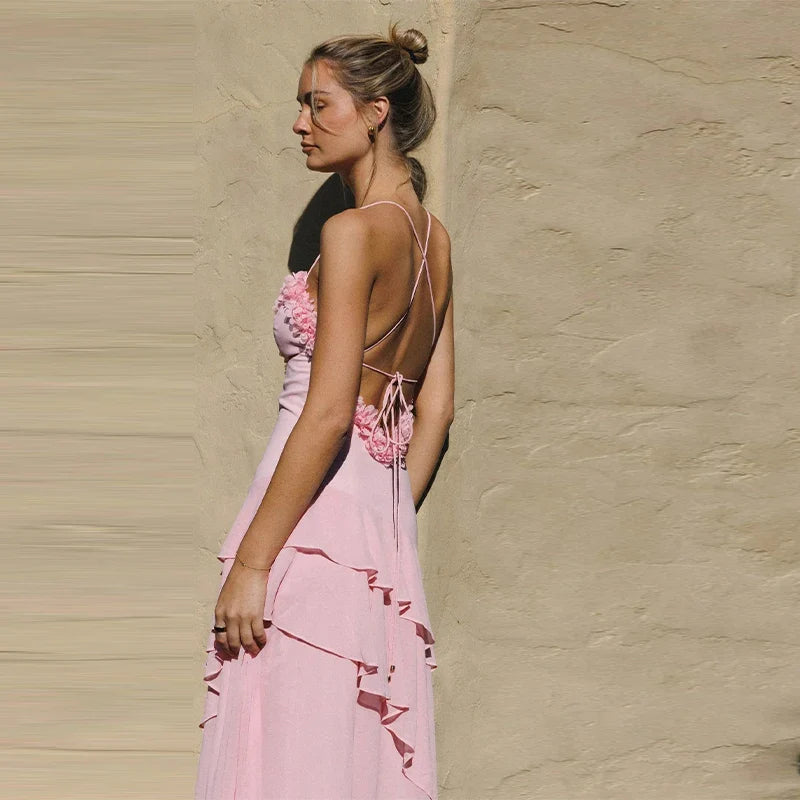 Pink 3d Floral Ruffles Maxi Dress