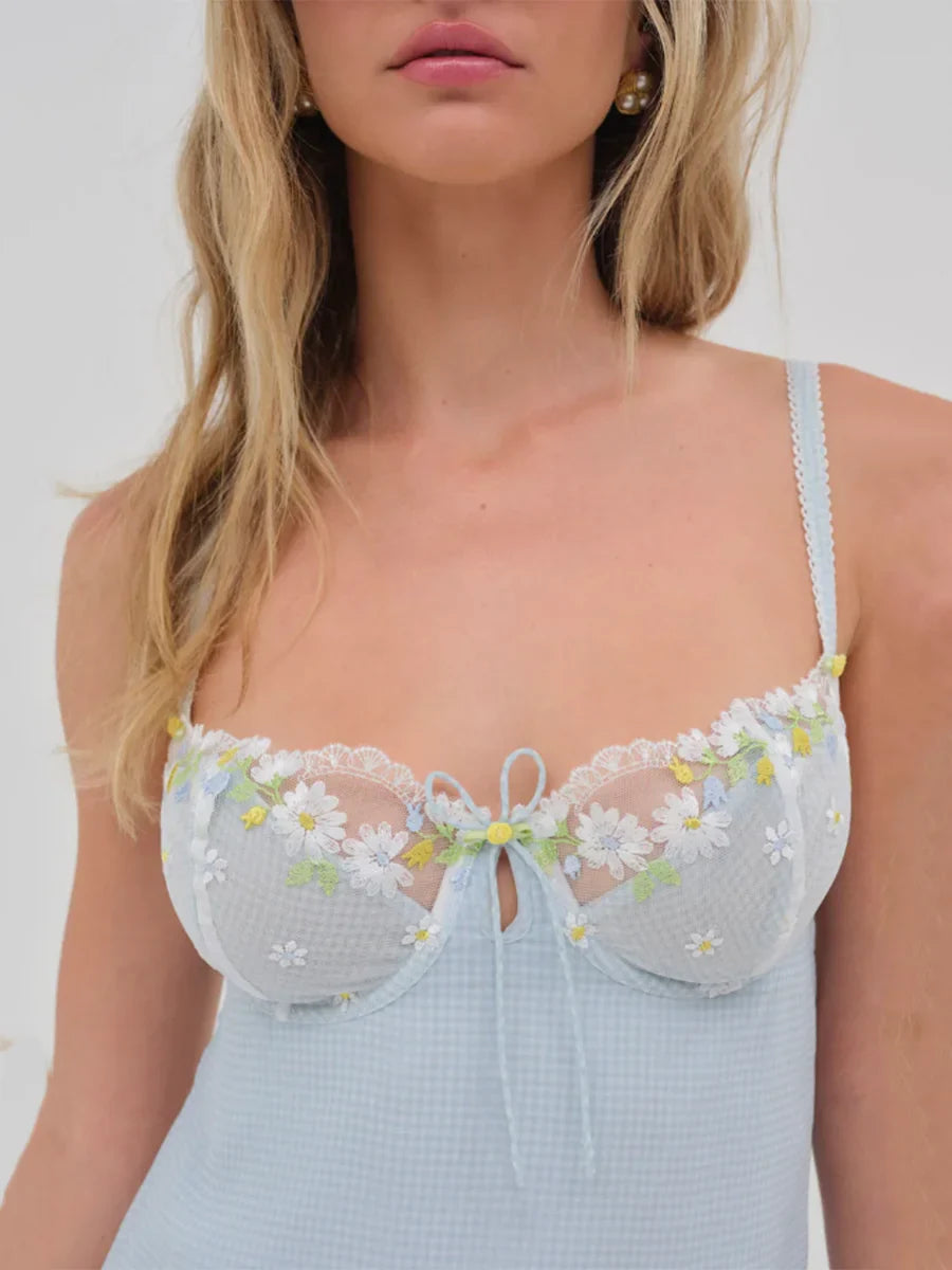 Blue Plaid Lace Up Babydoll  Mini Dress