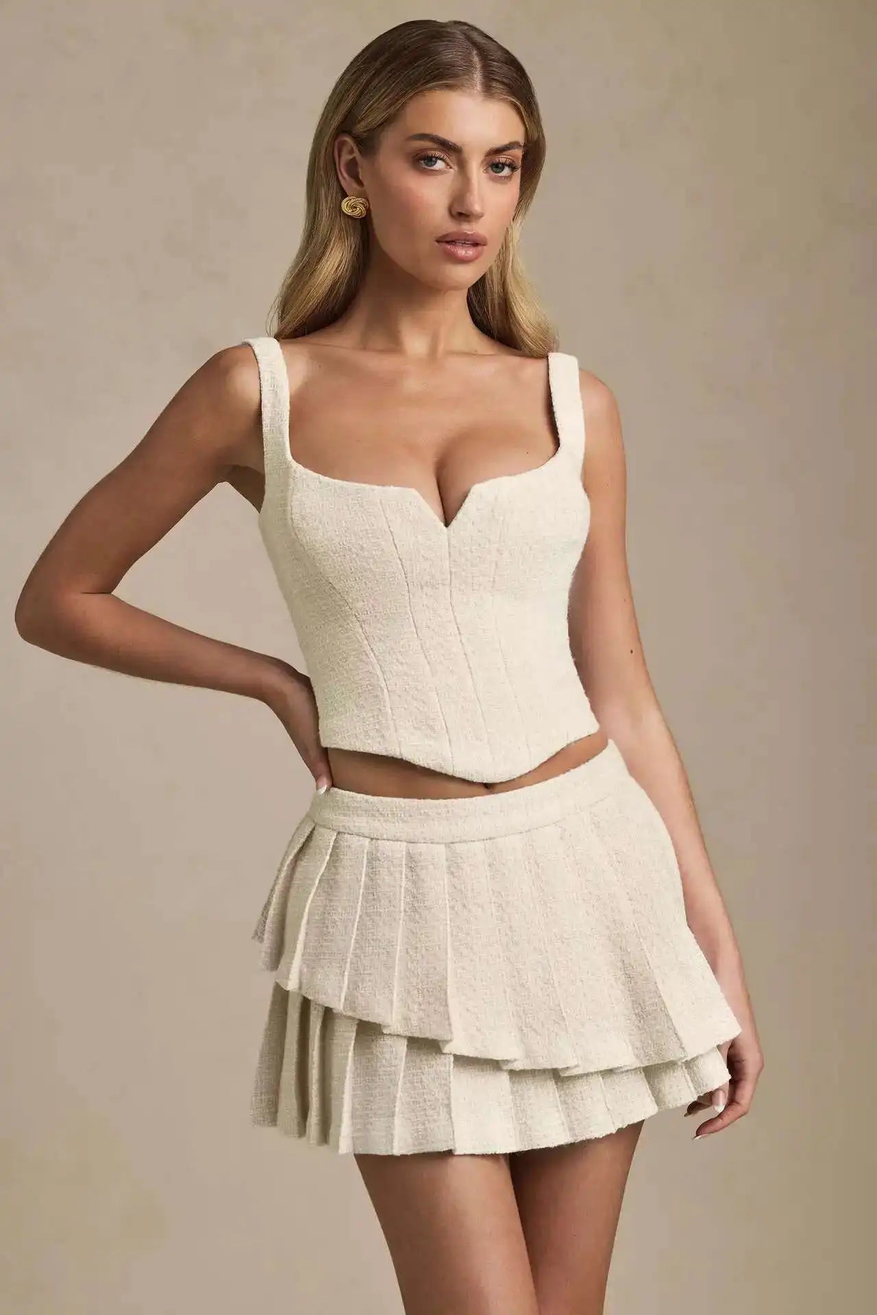 Solid Back Lace Up Crop Top And Pleated Frill Mini Skirt Set
