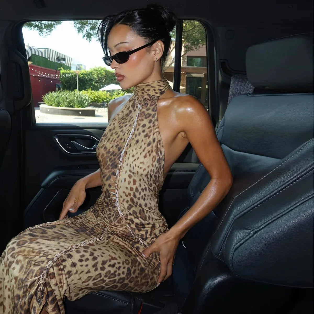 Halter Leopard Open Back Maxi Dress