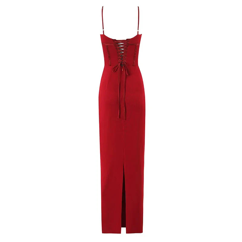 Red Spaghetti Straps Lace Up Bandage Bodycon Midi Dress