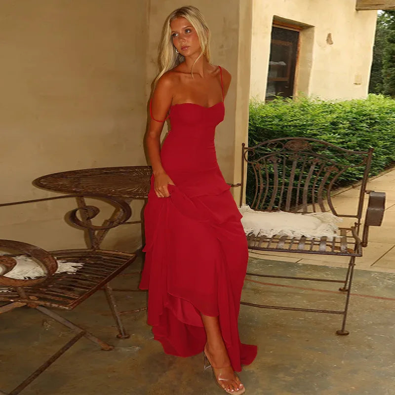 Red Ruffled Maxi Dress â€?Lace-Up Strappy Back