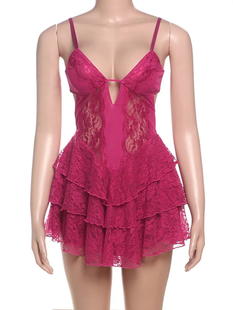 Pink Lace Ruffles Mini Dress
