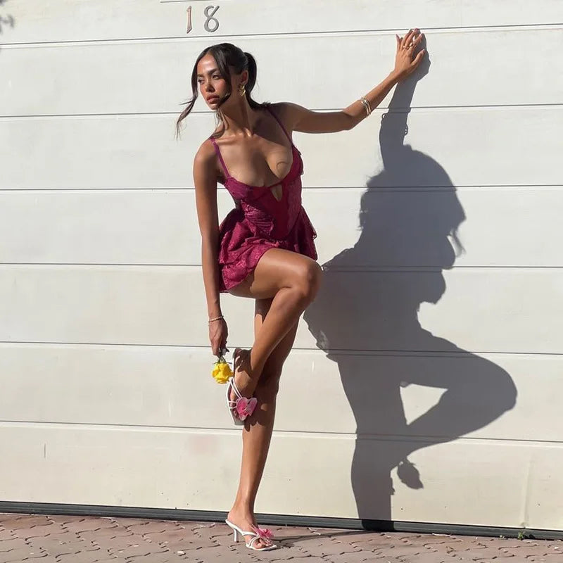 Pink Lace Ruffles Mini Dress